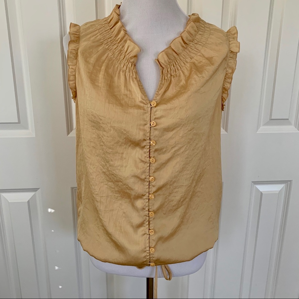 LOFT sleevless ruffle button down with waist tie